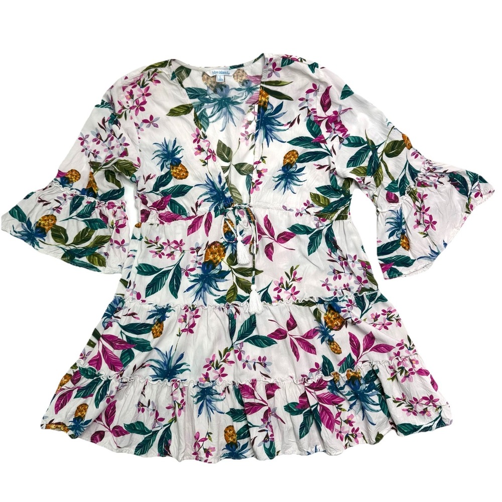 Blue Island Swim Cover Up Dress Beach Pineapples Palm White Ruffled Womens Large